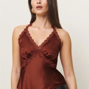 Reformation Brown Lace Trim Halter Top